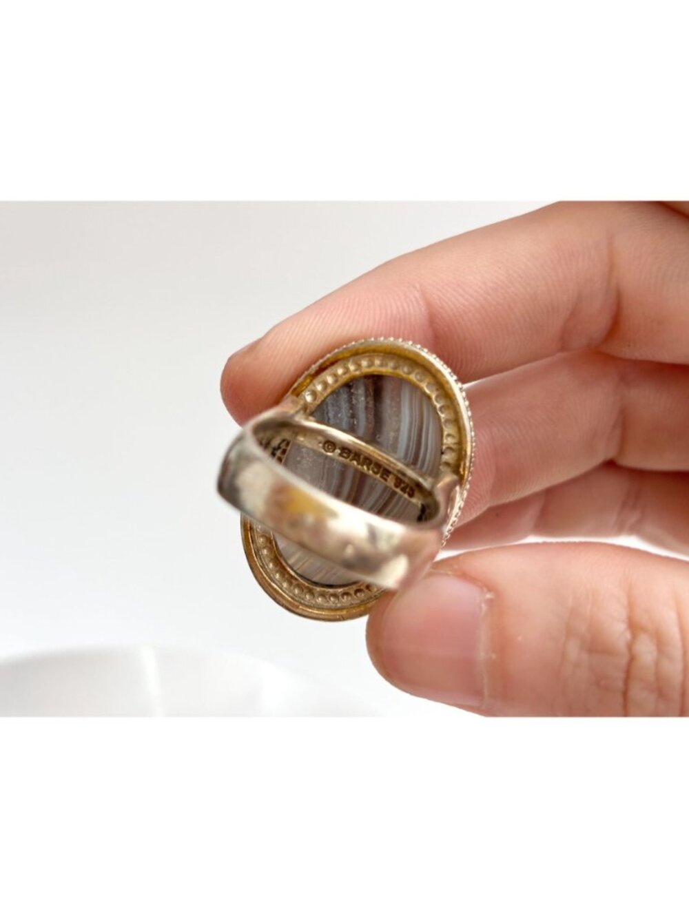 Grey Banded Agate Polished Cabochon Sterling Silver 925 Vintage Ring - sz 8 - Picture 10 of 16